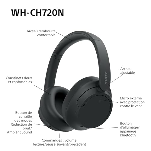 Sony WH-CH720N - Casque Bluetooth sans Fil à réduction de Bruit - Micro intégré - jusqu'à 35 Heures d'autonomie et Charge Rapide - Noir