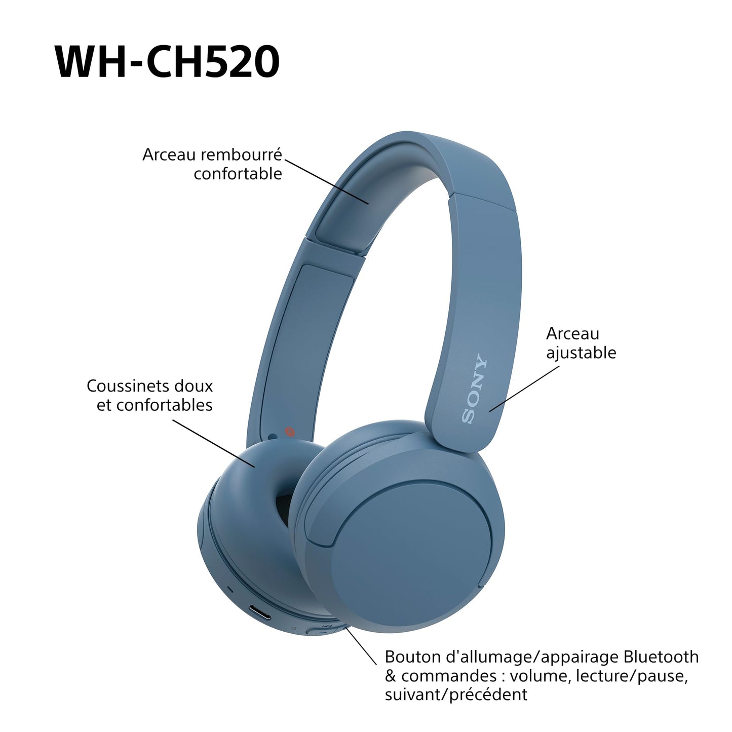 Sony WH-CH520 - Casque Bluetooth sans Fil, Multipoint, Micro intégré - jusqu'à 50 Heures d'autonomie et Charge Rapide - Noir