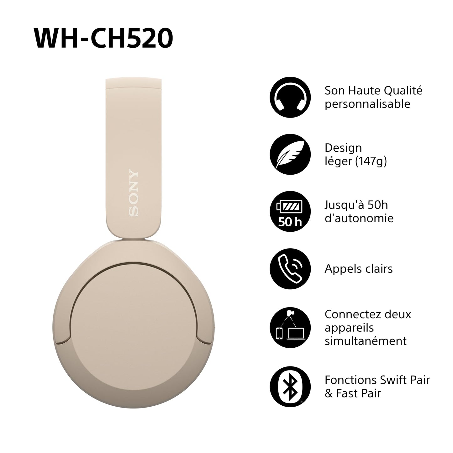 Sony WH-CH520 - Casque Bluetooth sans Fil, Multipoint, Micro intégré - jusqu'à 50 Heures d'autonomie et Charge Rapide - Noir