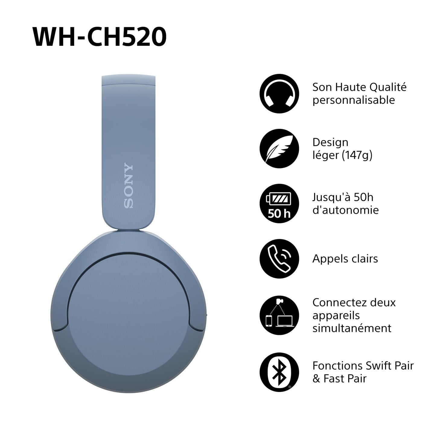 Sony WH-CH520 - Casque Bluetooth sans Fil, Multipoint, Micro intégré - jusqu'à 50 Heures d'autonomie et Charge Rapide - Noir