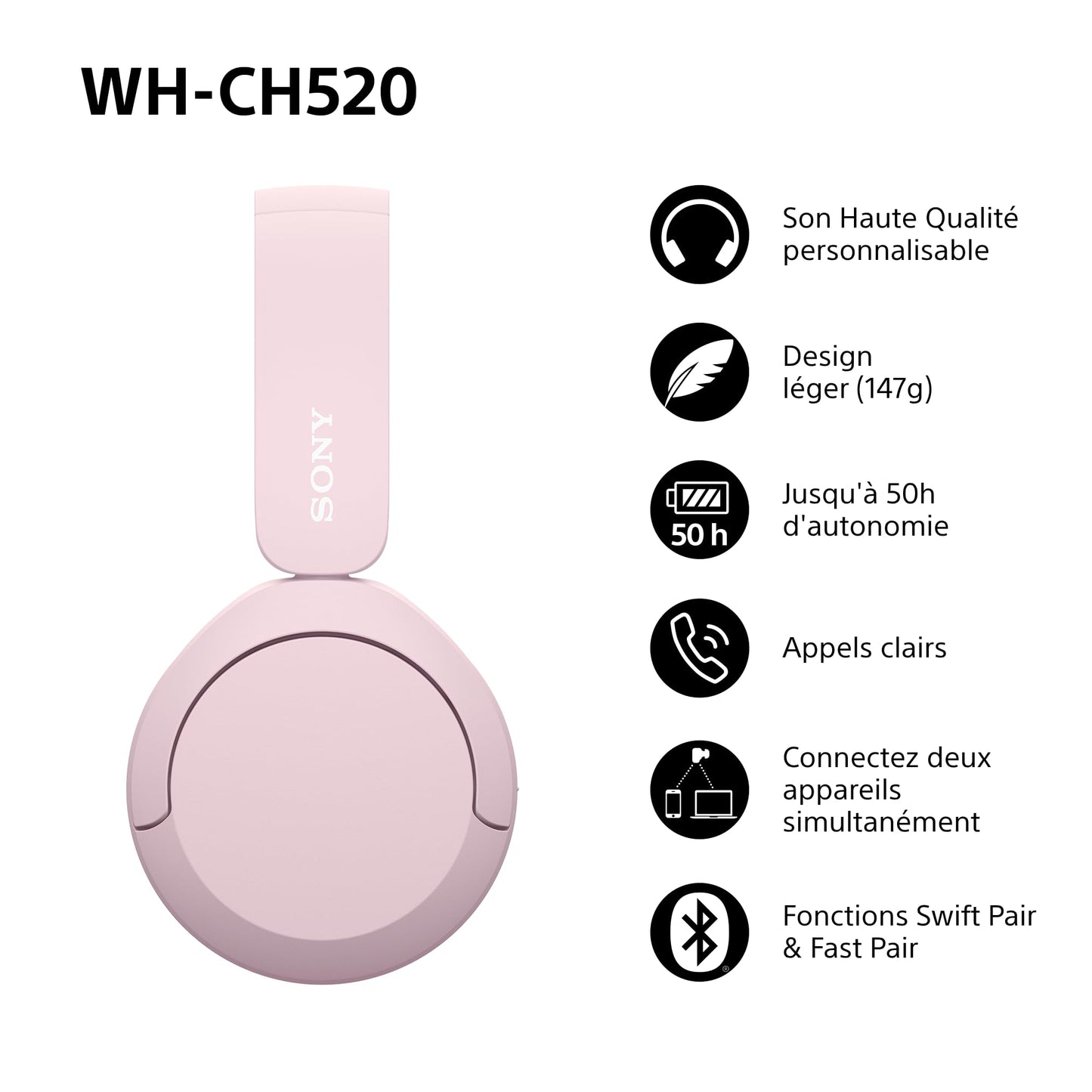 Sony WH-CH520 - Casque Bluetooth sans Fil, Multipoint, Micro intégré - jusqu'à 50 Heures d'autonomie et Charge Rapide - Noir