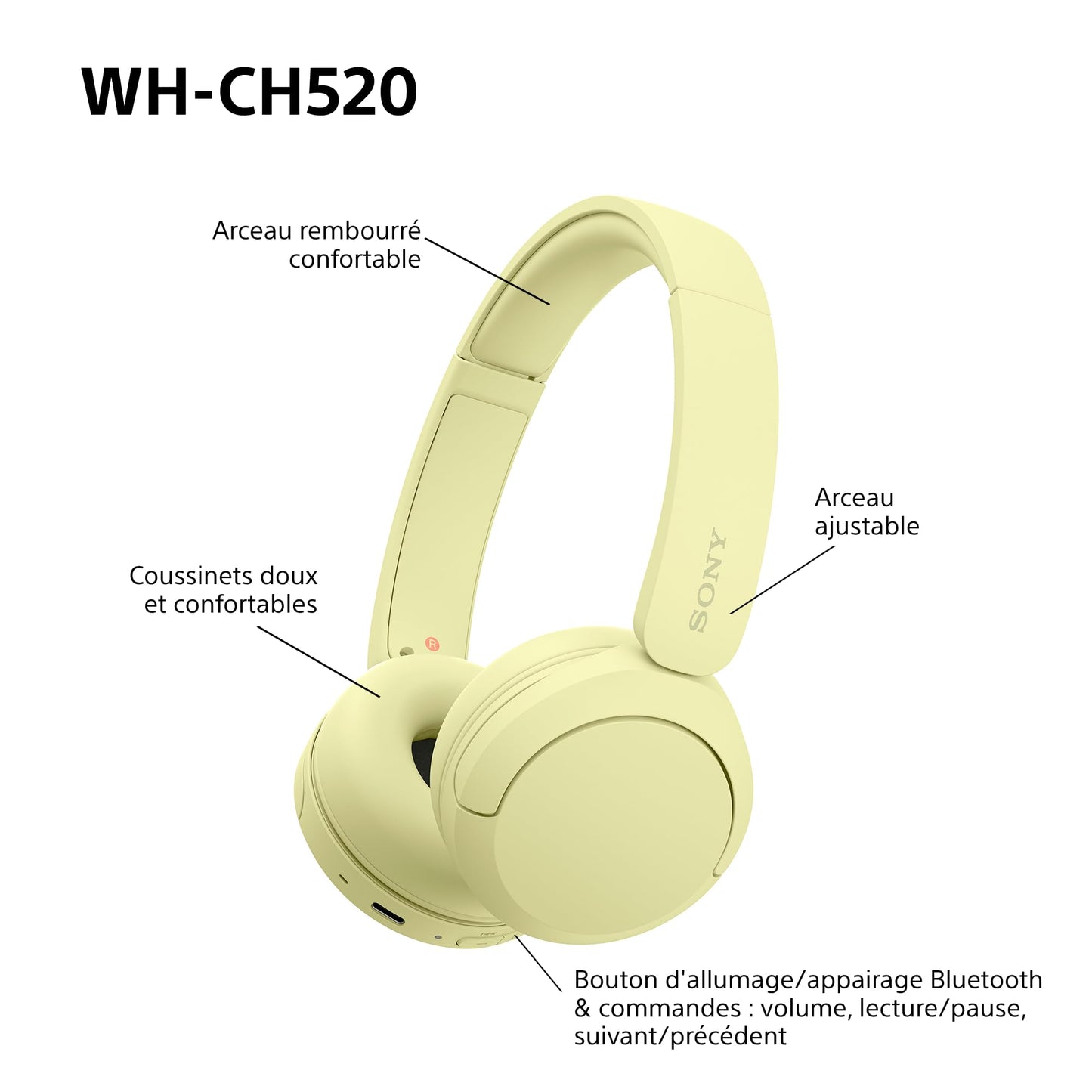 Sony WH-CH520 - Casque Bluetooth sans Fil, Multipoint, Micro intégré - jusqu'à 50 Heures d'autonomie et Charge Rapide - Noir