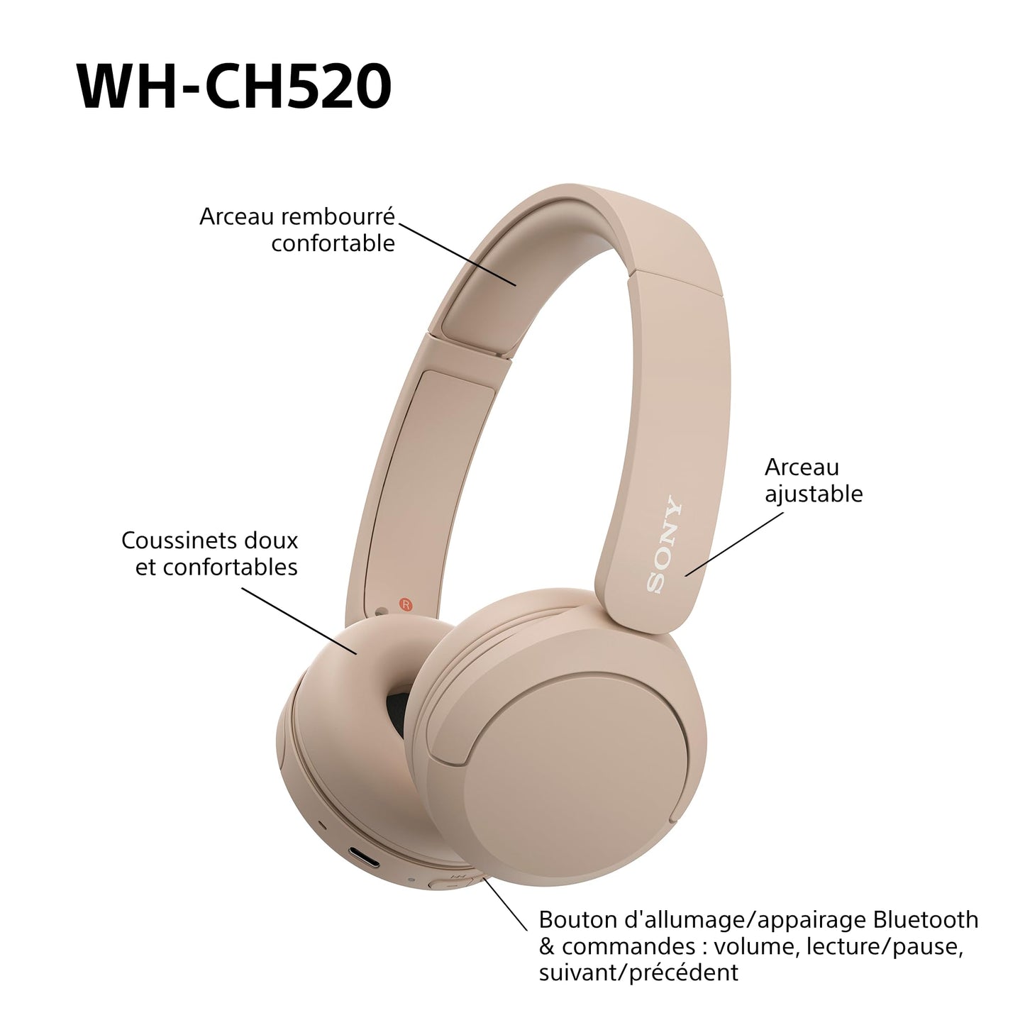Sony WH-CH520 - Casque Bluetooth sans Fil, Multipoint, Micro intégré - jusqu'à 50 Heures d'autonomie et Charge Rapide - Noir