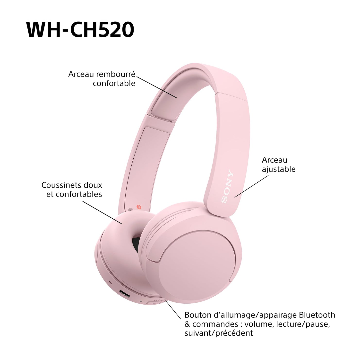 Sony WH-CH520 - Casque Bluetooth sans Fil, Multipoint, Micro intégré - jusqu'à 50 Heures d'autonomie et Charge Rapide - Noir