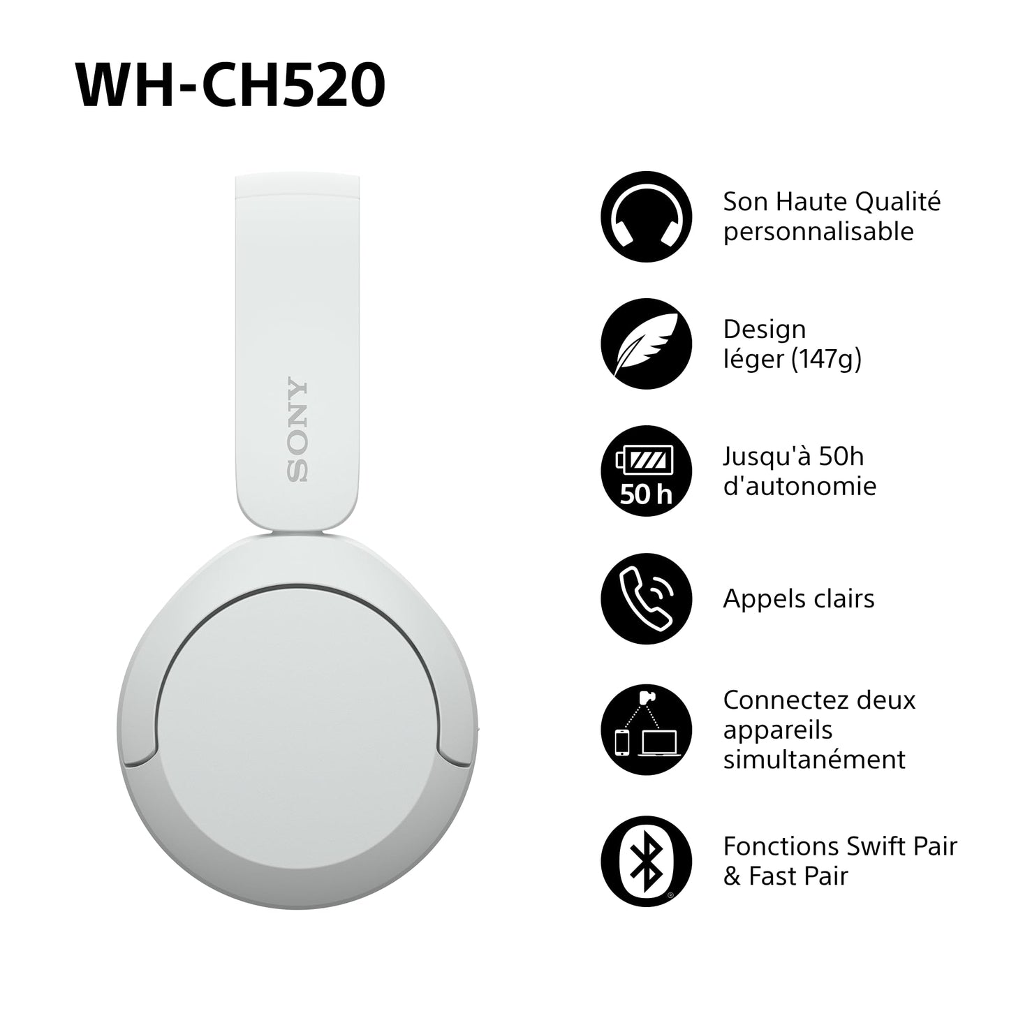 Sony WH-CH520 - Casque Bluetooth sans Fil, Multipoint, Micro intégré - jusqu'à 50 Heures d'autonomie et Charge Rapide - Noir