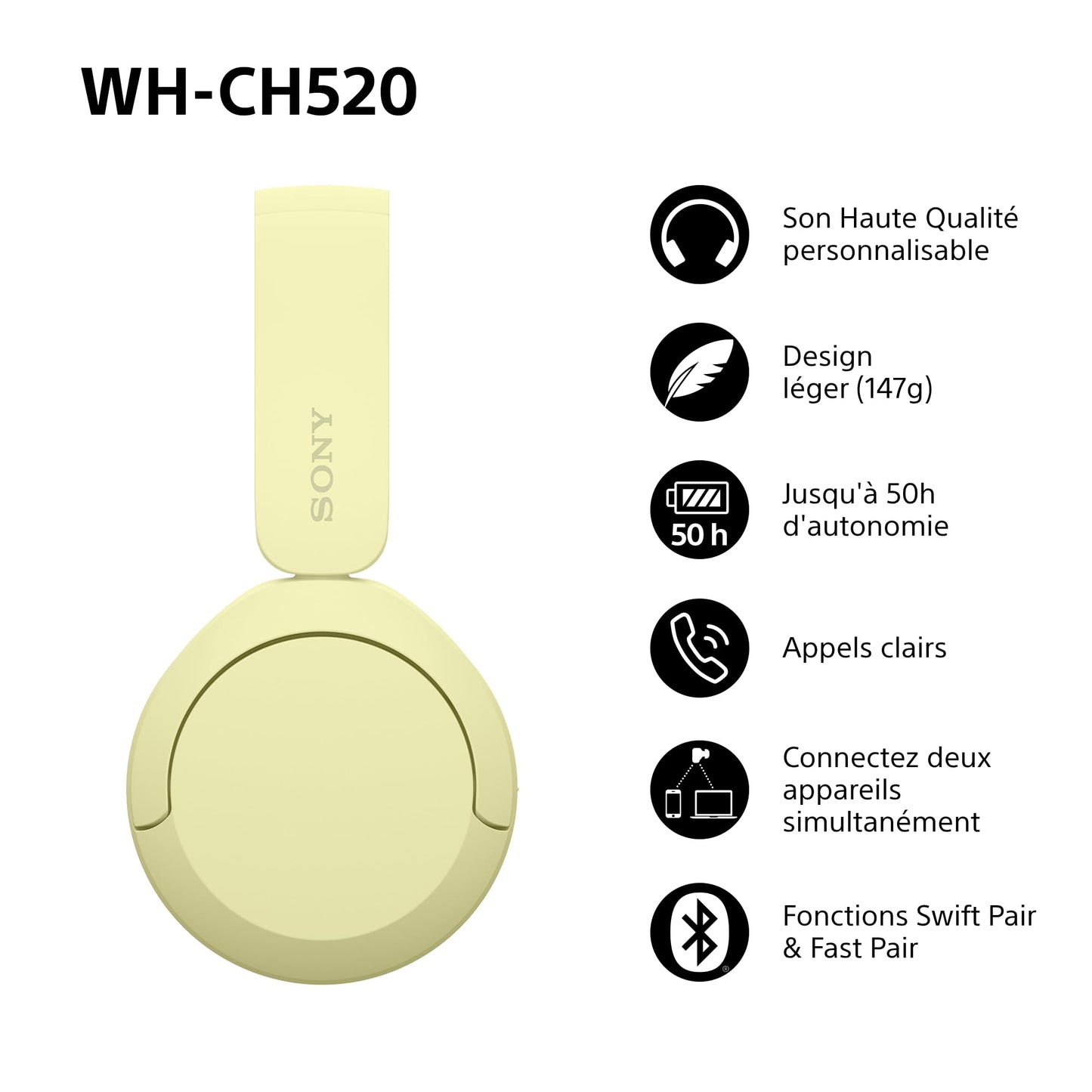 Sony WH-CH520 - Casque Bluetooth sans Fil, Multipoint, Micro intégré - jusqu'à 50 Heures d'autonomie et Charge Rapide - Noir