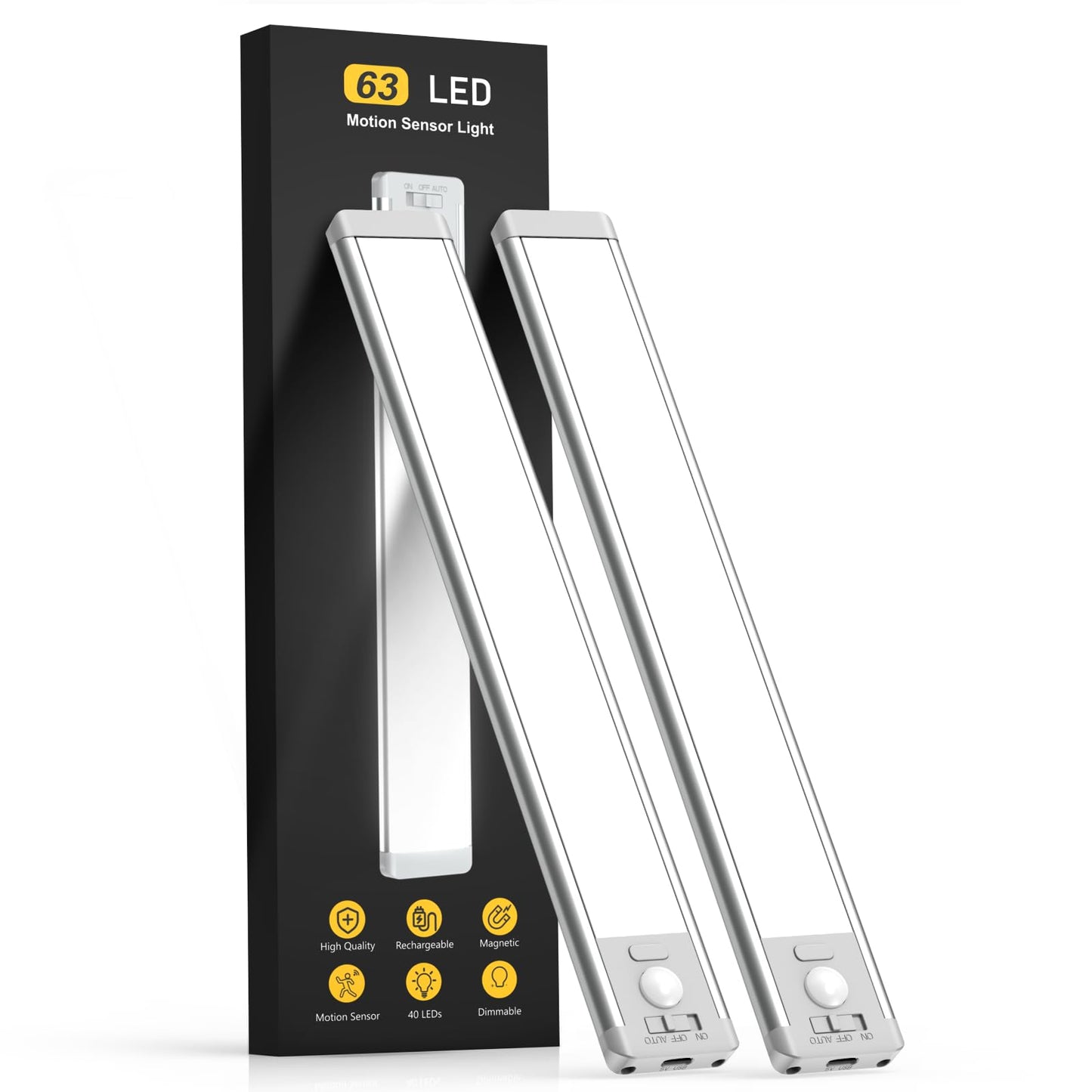 Under Cabinet Lights, 40 LED Rechargeable Battery Operated Motion Sensor Indoor, 2 Pack Magnetic Dimmable Closet, Wireless Under Counter for Kitchen, Stairs