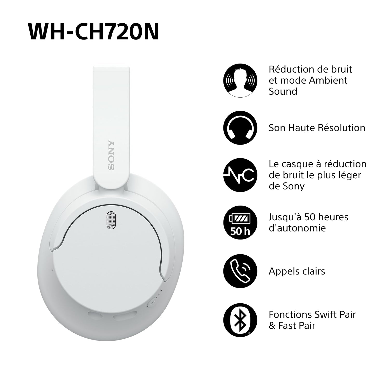 Sony WH-CH720N - Casque Bluetooth sans Fil à réduction de Bruit - Micro intégré - jusqu'à 35 Heures d'autonomie et Charge Rapide - Noir