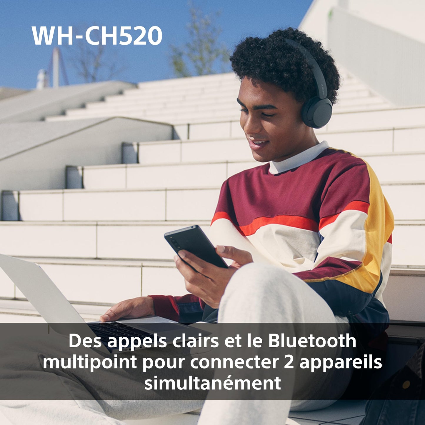 Sony WH-CH520 - Casque Bluetooth sans Fil, Multipoint, Micro intégré - jusqu'à 50 Heures d'autonomie et Charge Rapide - Noir