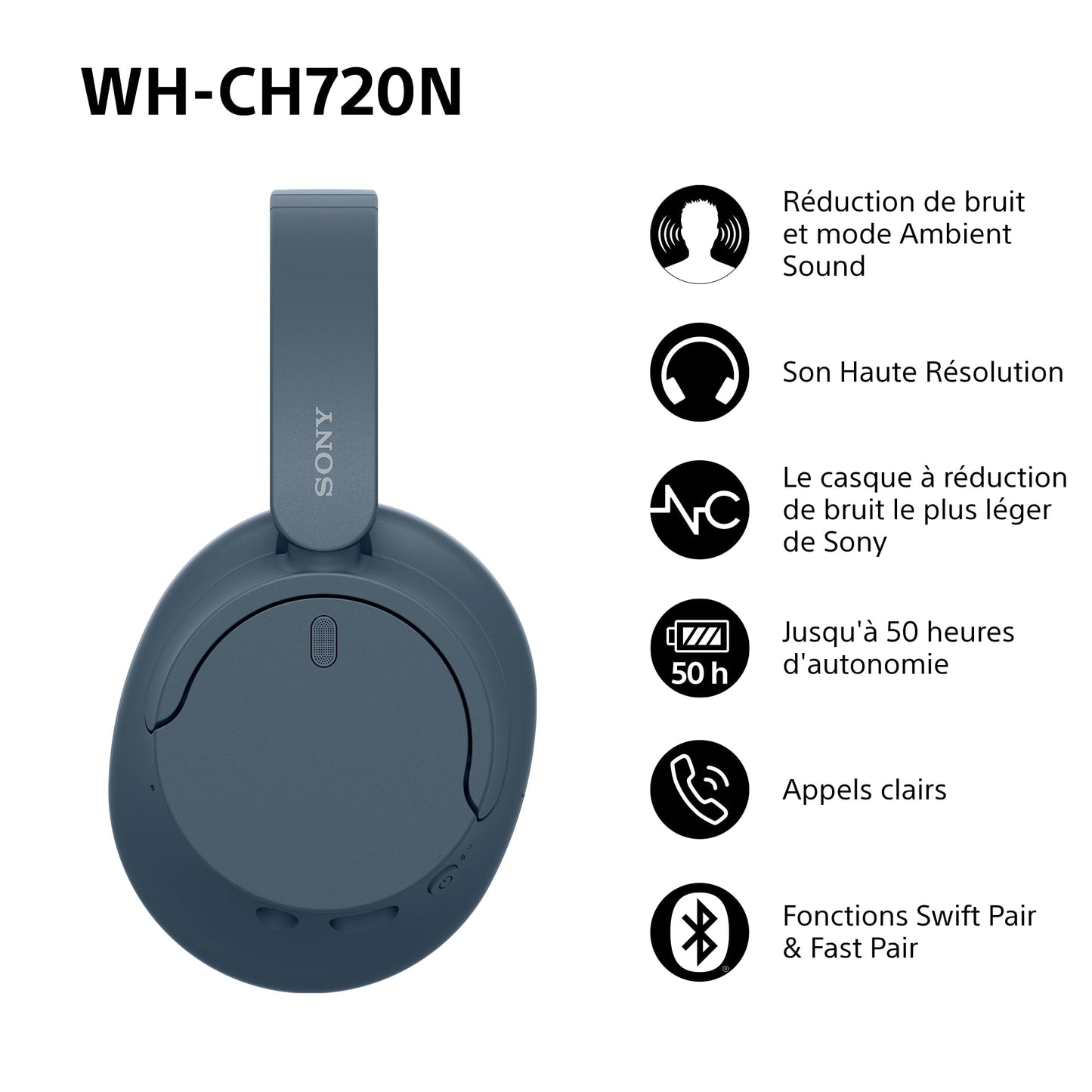 Sony WH-CH720N - Casque Bluetooth sans Fil à réduction de Bruit - Micro intégré - jusqu'à 35 Heures d'autonomie et Charge Rapide - Noir